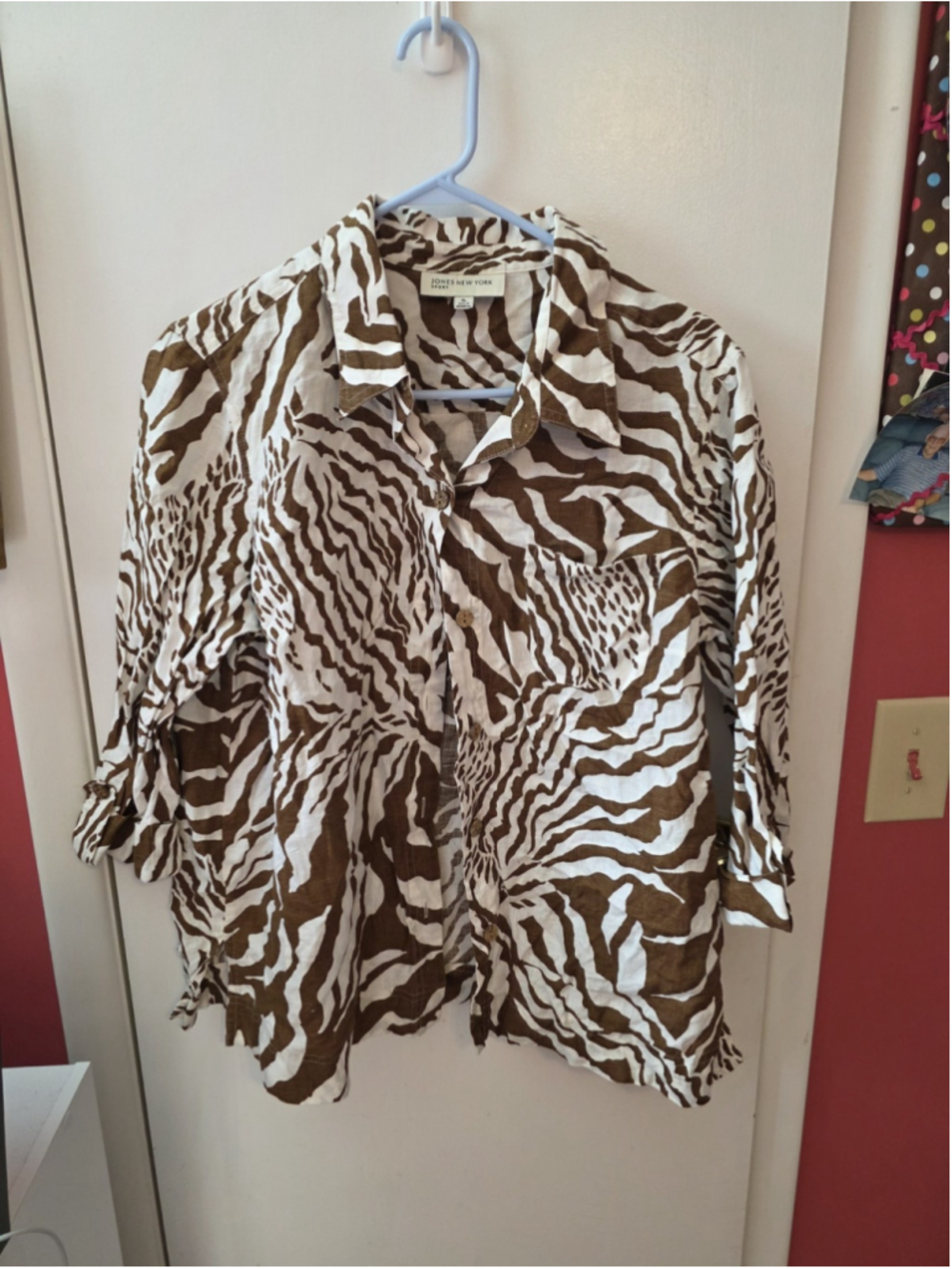 Jones New York Linen Brown Zebra Print Button Front Lightweight Top XL